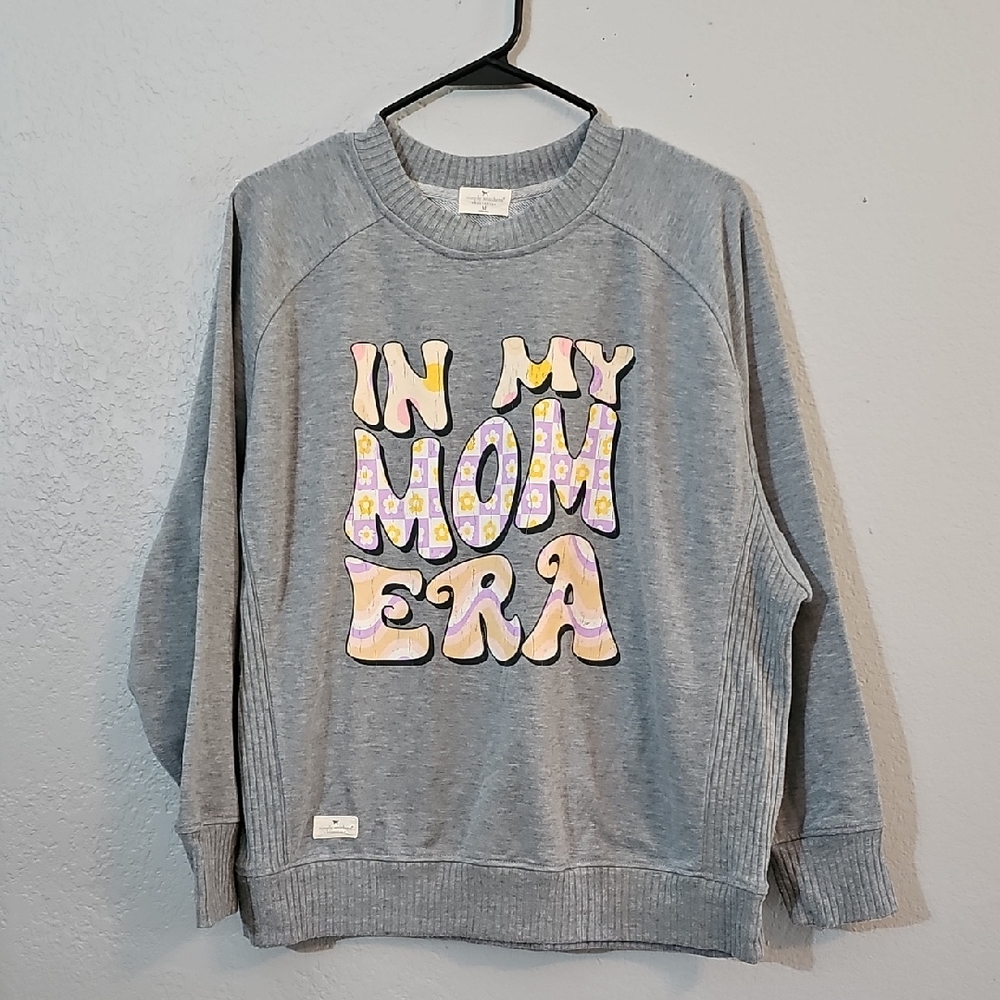 Simply Southern Gray Sweater with In My Mom Era Text, Womens Medium